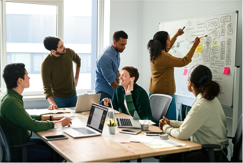 CM Techlab team working together in modern office